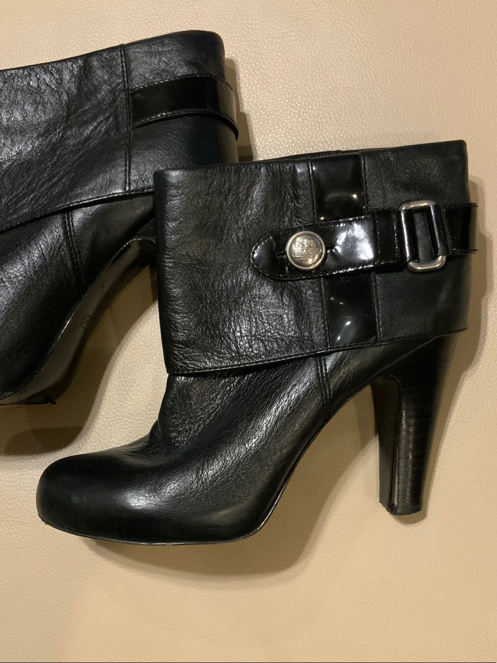 Coach Black Leather Ankle Booties with Buckle Accent